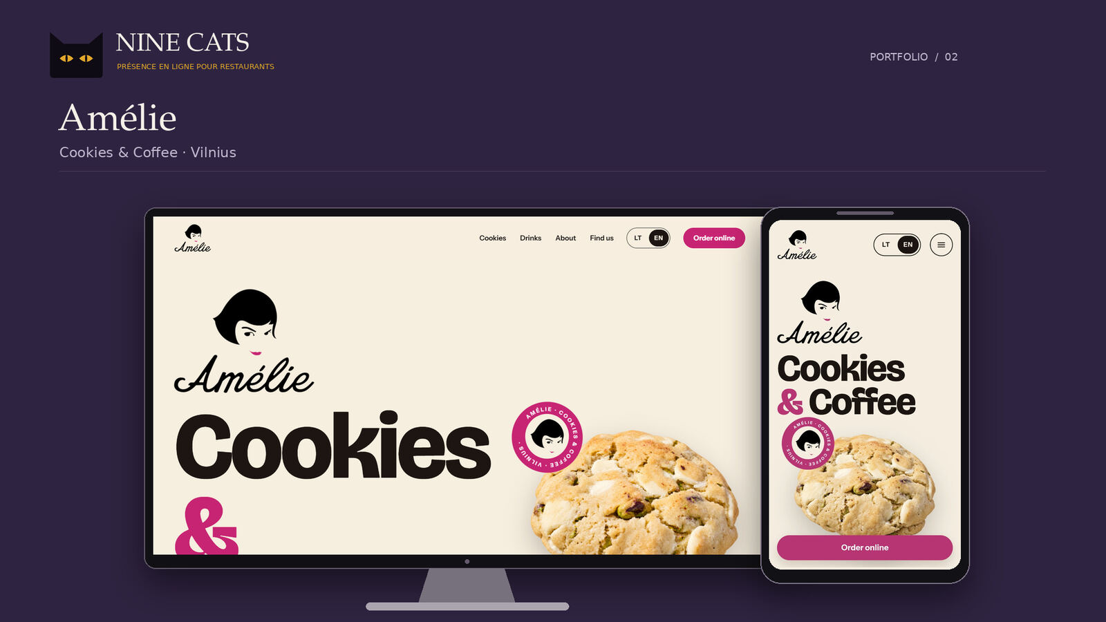 Site d'Amélie Cookies & Coffee sur ordinateur et téléphone